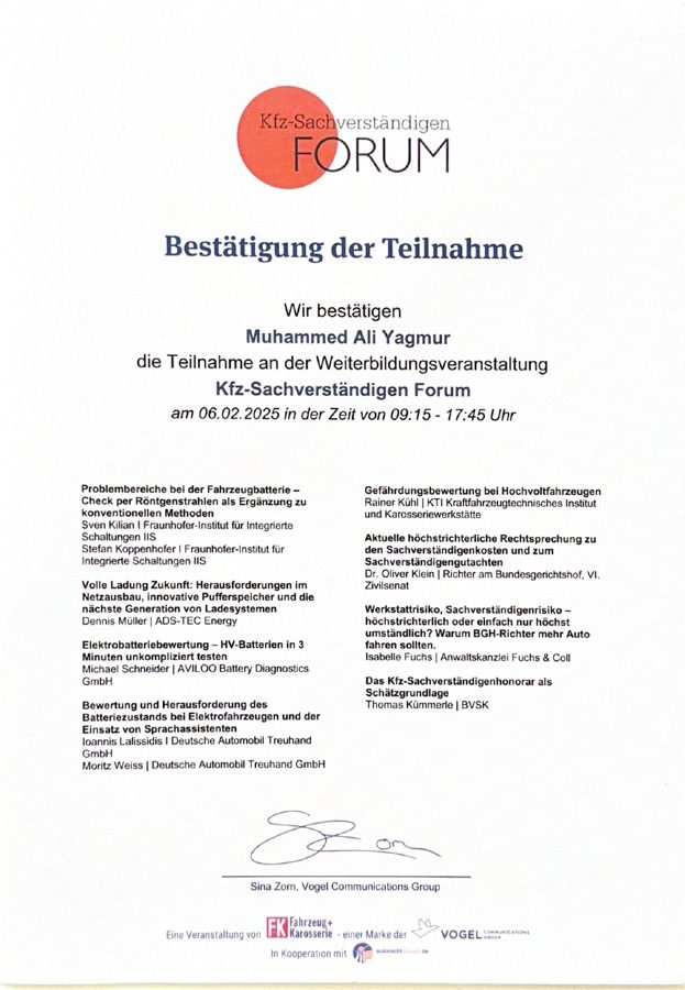 Zertifikat Kfz-Sachverständigen Forum – FKF Fahrzeug+Karosserie, Kfz-Gutachter Yagmur Augsburg