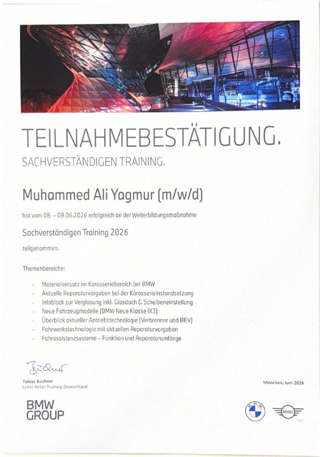 Zertifikat Sachverständigen Training 2026 – BMW Group, Kfz-Gutachter Yagmur Augsburg