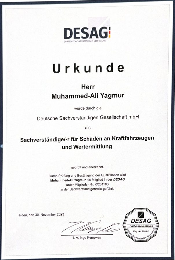 Zertifikat Anerkennung als Sachverständiger – DESAG, Kfz-Gutachter Yagmur Augsburg