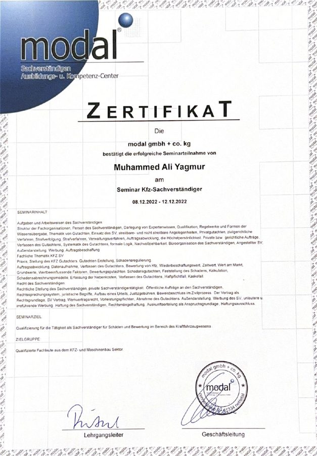 Zertifikat Seminar Kfz-Sachverständiger – modal gmbh + co. kg, Kfz-Gutachter Yagmur Augsburg
