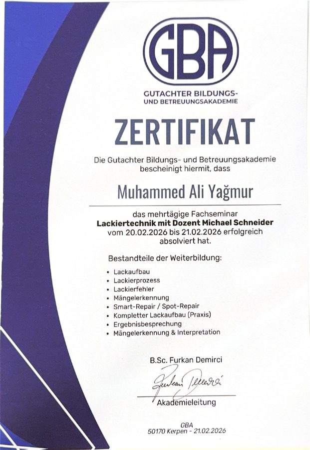 Zertifikat Fachseminar Lackiertechnik – GBA Akademie, Kfz-Gutachter Yagmur Augsburg