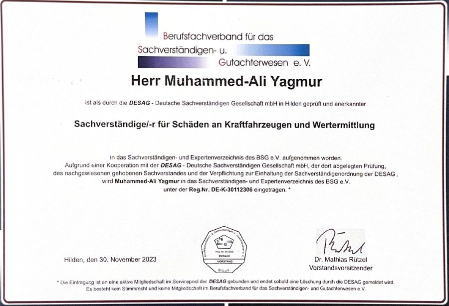 Zertifikat Eintrag im SV-Verzeichnis – BSG e. V., Kfz-Gutachter Yagmur Augsburg