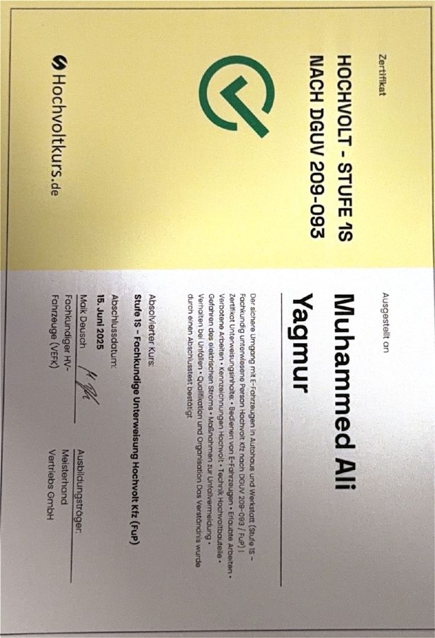 Zertifikat Hochvolt Stufe 1S – DGUV 209-093, Kfz-Gutachter Yagmur Augsburg