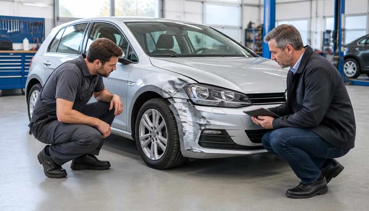 Sachverständiger und Mechaniker begutachten einen beschädigten Kotflügel vor einer möglichen Reparatur nach der 130-Prozent-Regel
