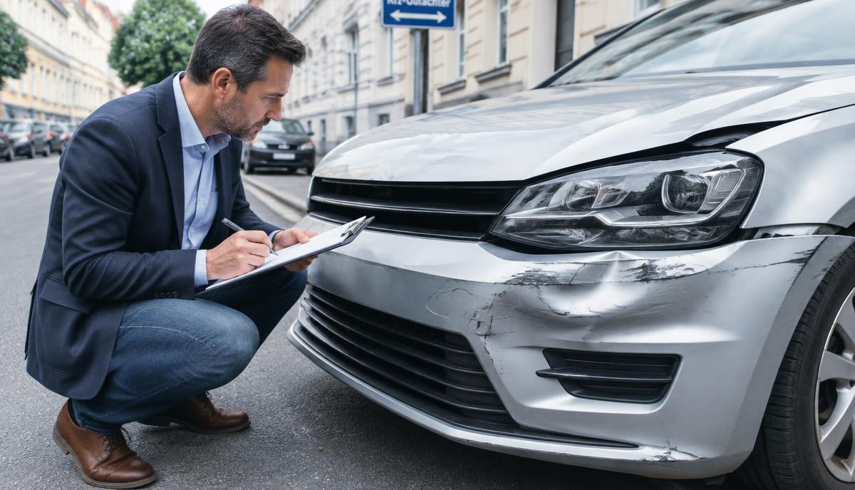 Kfz-Gutachter inspiziert einen Unfallschaden am Fahrzeug