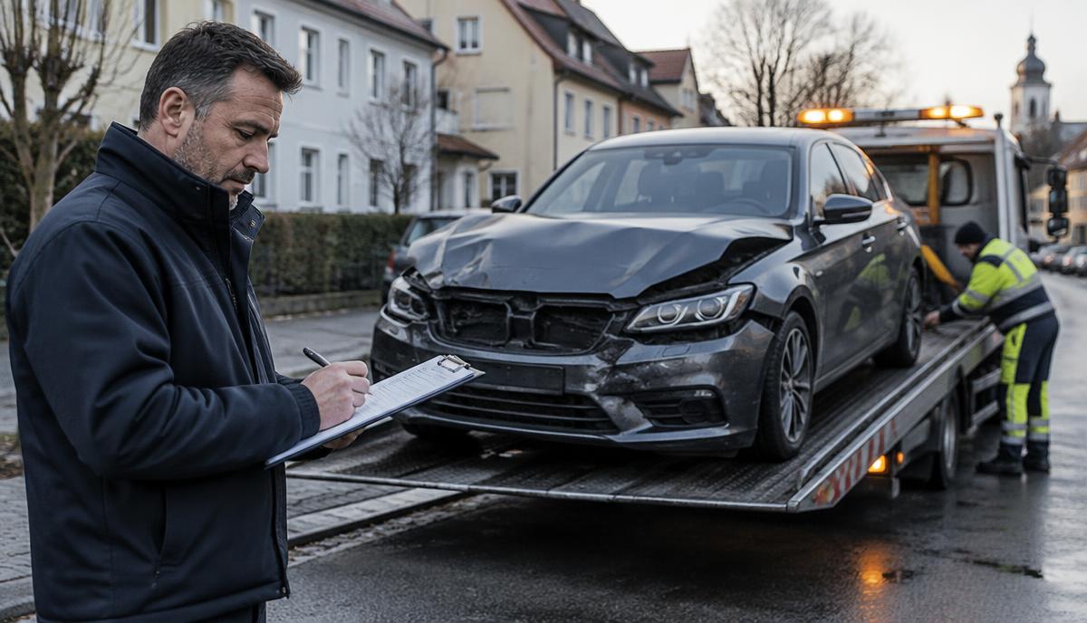 Beschädigtes Fahrzeug wird nach einem Unfall auf einen Abschleppwagen verladen, während ein Kfz-Gutachter die Schadensdaten notiert